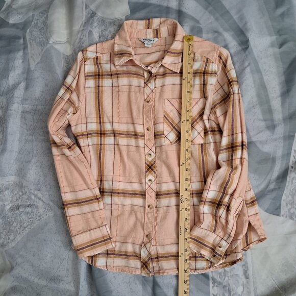 Sz S Small ARIZONA Women’s Long Sleeve Button Down Peach Plaid Flannel Top Shirt - Picture 5 of 5